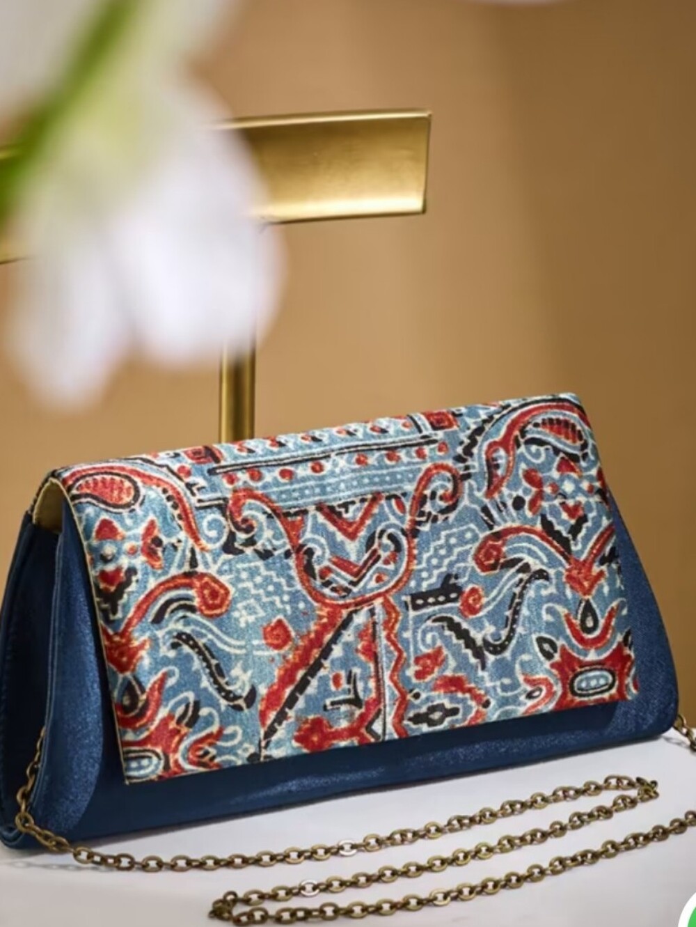 Fabindia Indigo Multi-Color Patterned Chain Clutch